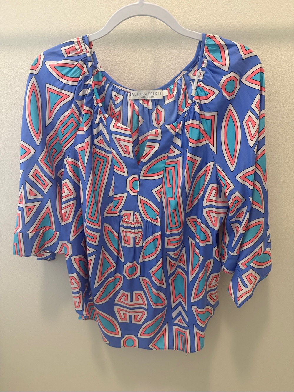 Alice & Trixie Blue Silk Geometric Boho Tunic with Coral and Teal Accents L